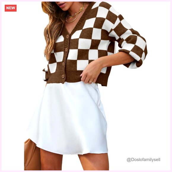 Cropped Cable Knit Cardigan V-Neck Button Front Long Sleeve Checkered Sweater
